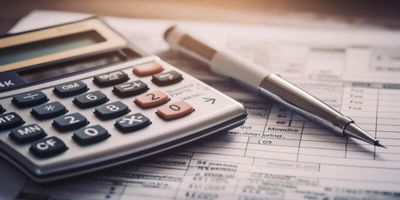 Calculadora e caneta sobre uma planilha financeira.